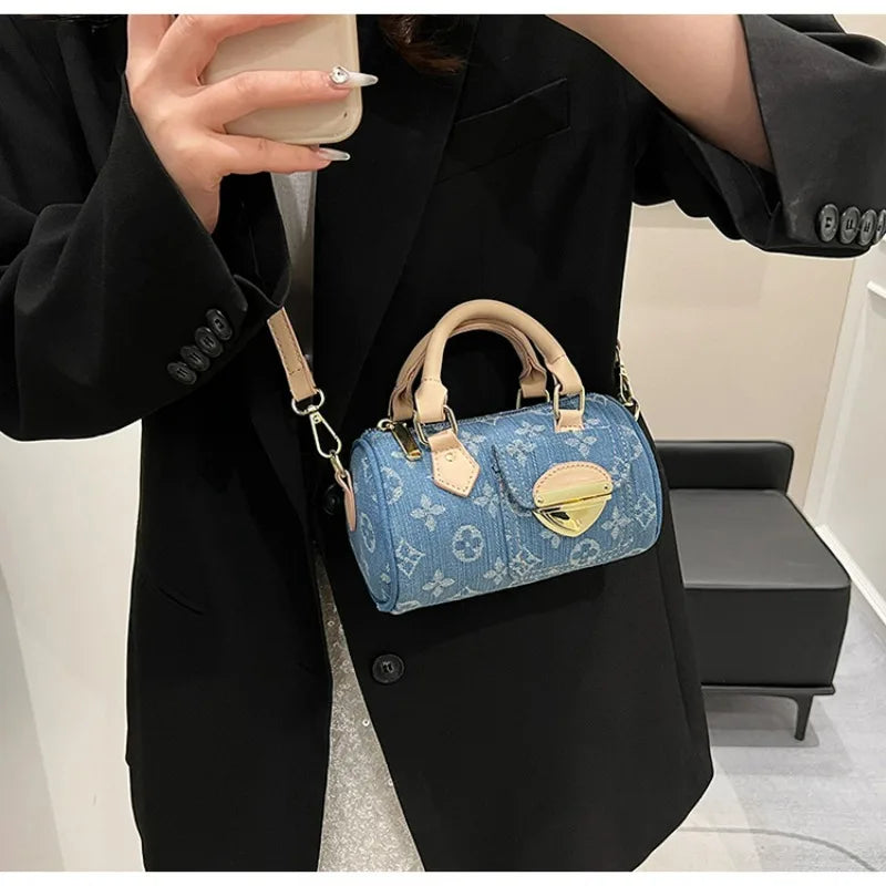 Sacs en jean tendance pour femmes, sacs bandoulière élégants et polyvalents, sacs à main cylindriques ronds à la mode