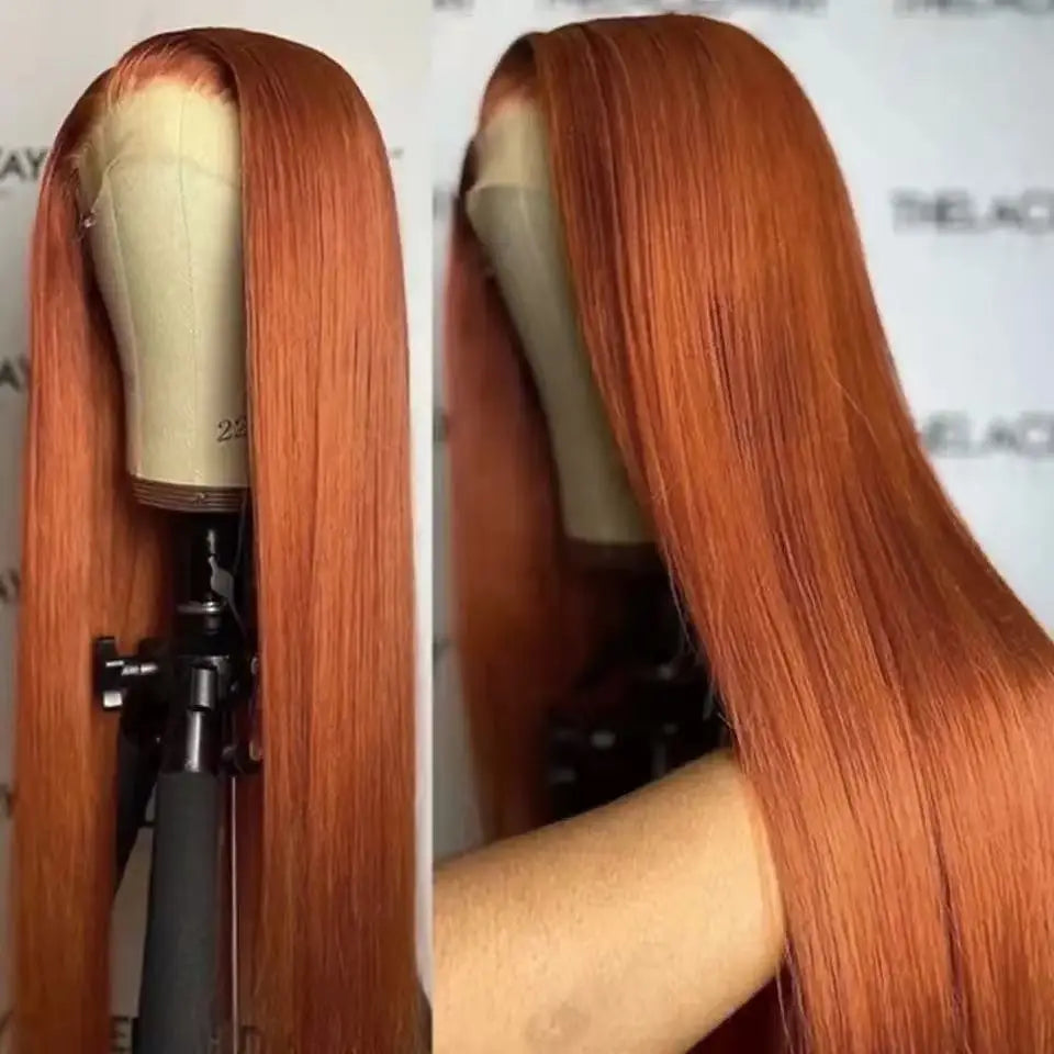 Perruque lace front synthétique lisse couleur Ginger Orange et Blond Miel – 13x4x1 pour femme, fibre résistante à la chaleur, usage quotidien, soirée et mariage