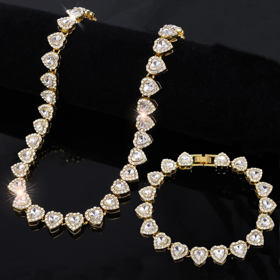 Yupsk 45CM/20CM coeur brillant strass Hip Hop Rock Tennis chaîne Bracelet collier pour femmes hommes à la mode ensemble de bijoux cadeau