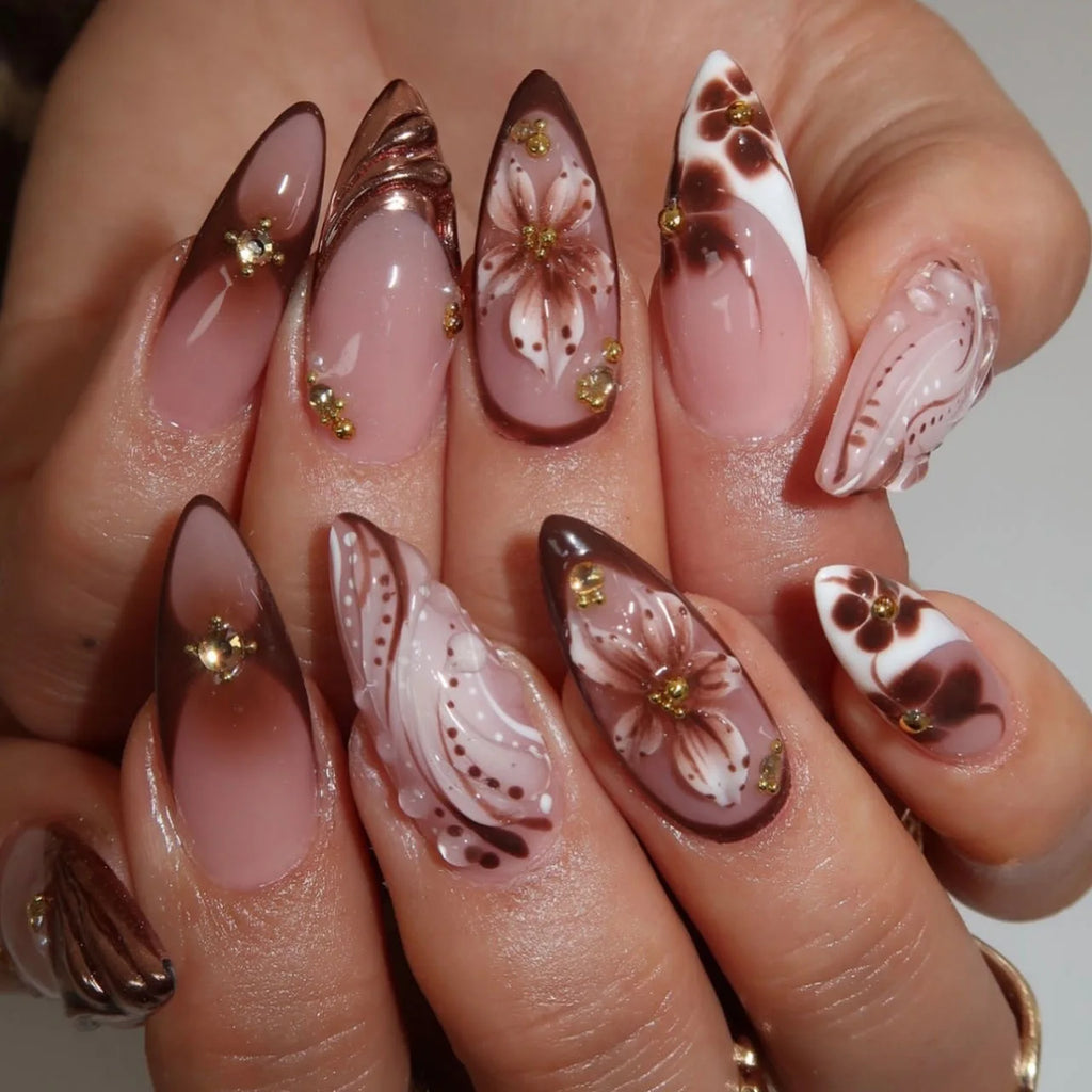 Faux ongles 3D pour femmes et filles, dégradé de fleurs en relief marron bleu avec strass, pointes d'amande d'automne et d'hiver à pression sur les faux ongles