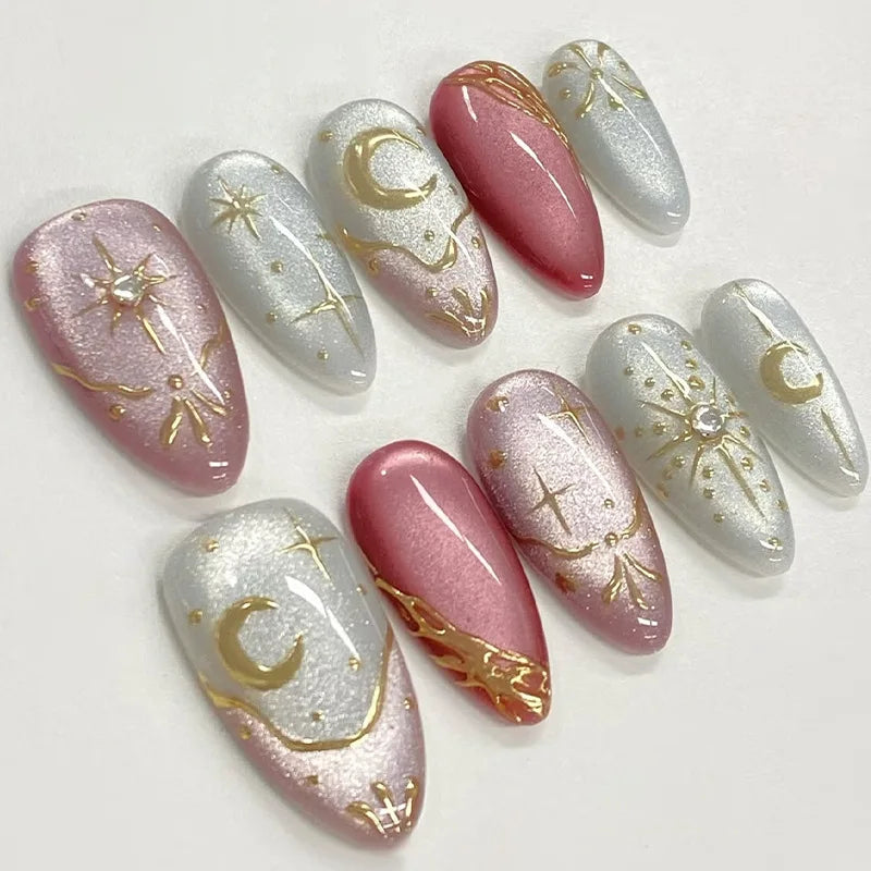 24 pièces mi-long doré amande ongles ensemble presse sur 3D fleur dégradé rose couverture complète faux ongles conseils perle réutilisable faux ongles