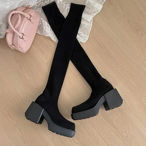 Bottes chaussettes au-dessus du genou pour femme, tailles 35 à 40. Modèle d’hiver en maille extensible, avec talons épais et plateforme. Bottes longues à enfiler, confortables et tendance pour femme.