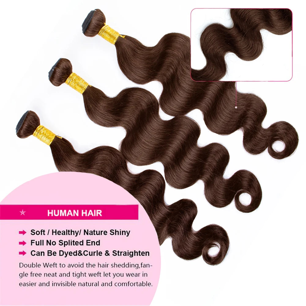 # 4 Bundles de Cheveux Humains Ondulés Brun Foncé 1/3 Pièces, Extensions de Cheveux Remy Brésiliens à Double Trame de 18 à 30 Pouces pour Femmes