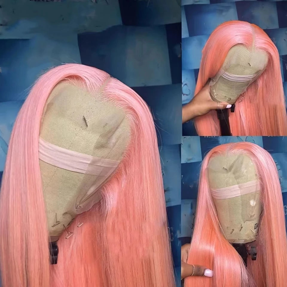 Perruque Lace Frontale HD Rose 13x6 en Cheveux Humains Brésiliens Lisses – Pré-épilée (Pre-Plucked), avec dentelle HD transparente, cheveux humains brésiliens raides (“Bone Straight”), couleur rose éclatante. Disponible en version Lace Front 13x4 ou 13x6