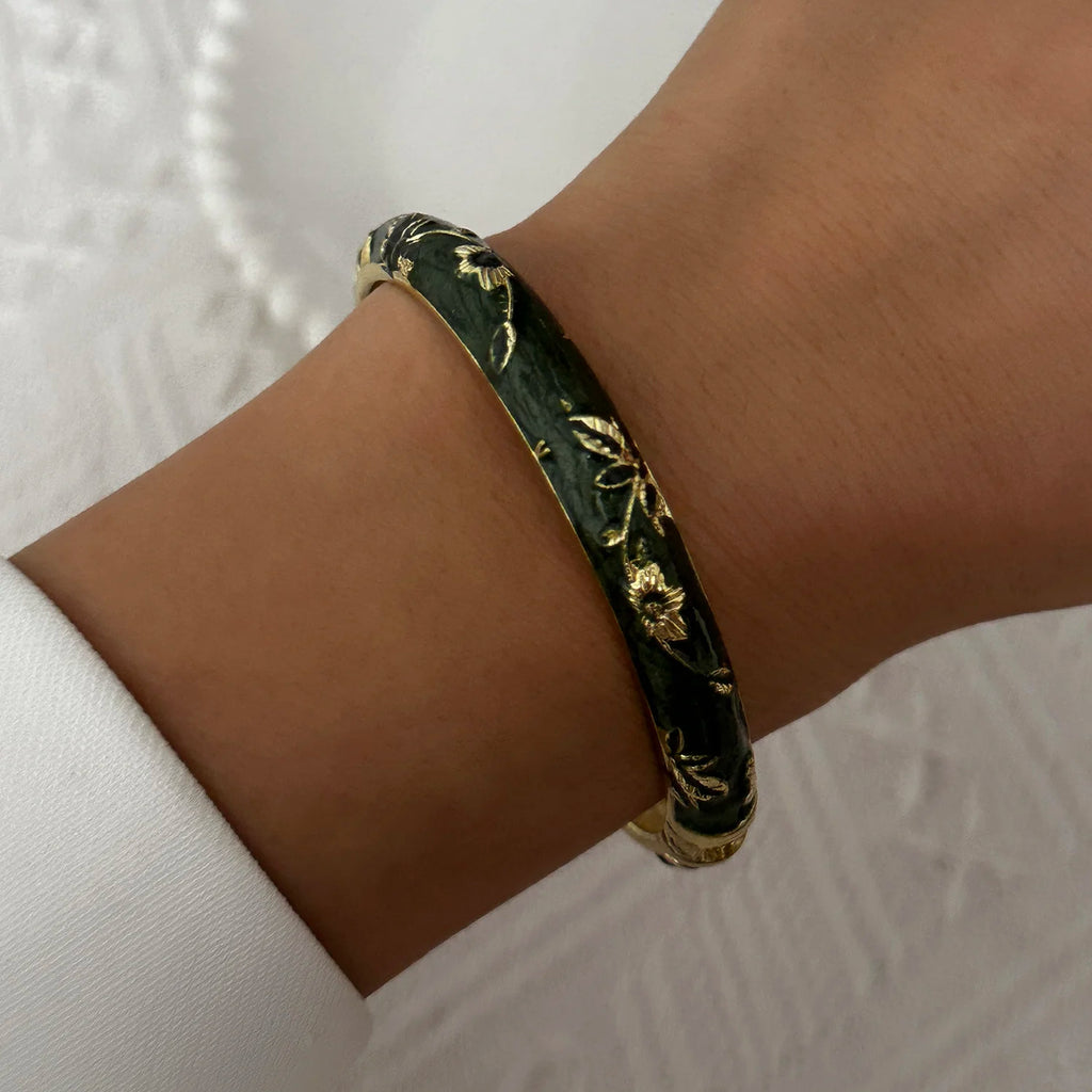 Bracelet élégant en émail goutte d'eau à texture florale pour femme, plaqué or rétro, avec zircon floral et motif œil porte-bonheur, bijou de fête