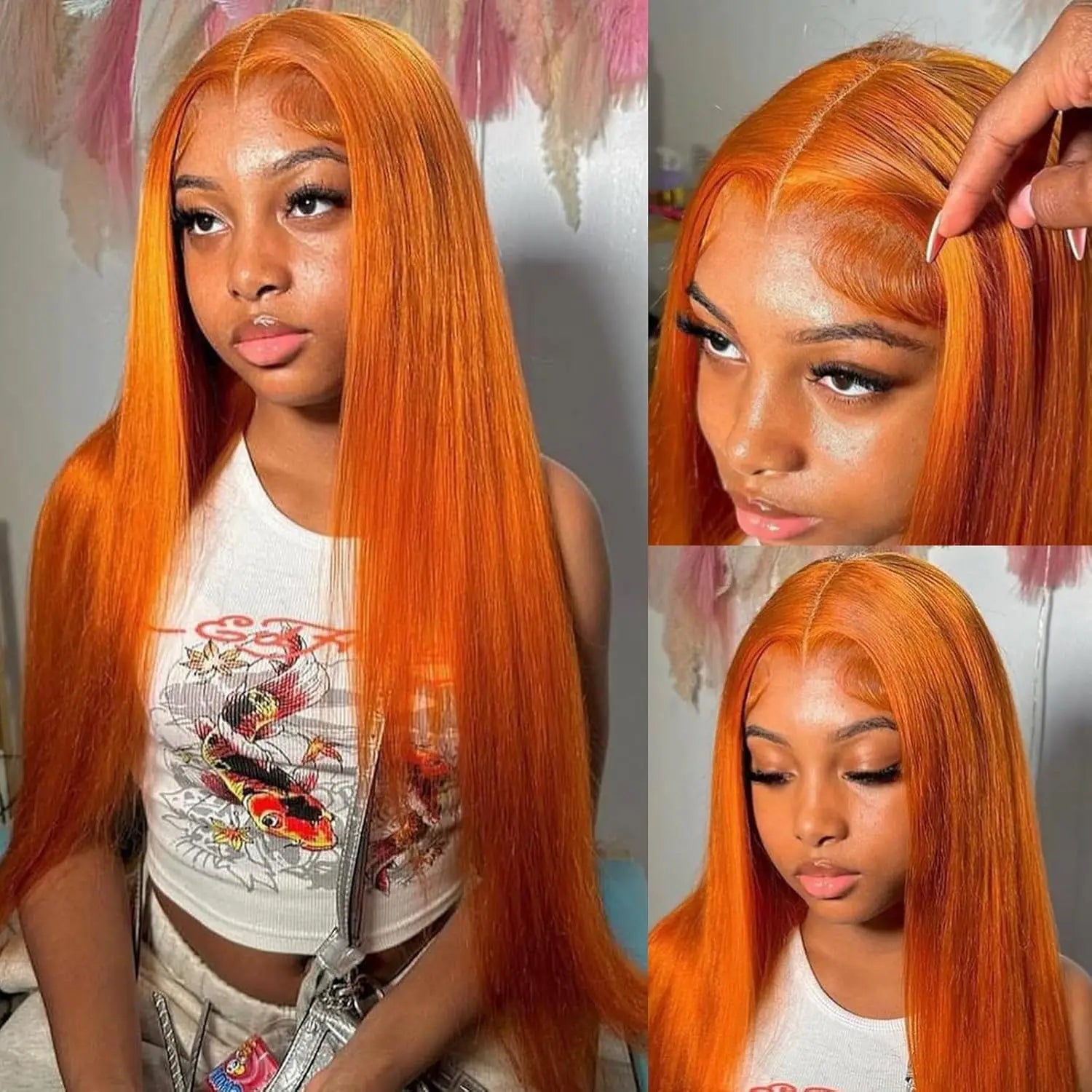 Perruque Lisse Orange Gingembre de 30 Pouces, Cheveux Humains Péruviens Colorés 350, Lace Frontale HD Transparente 13x6 13x4 pour Femmes