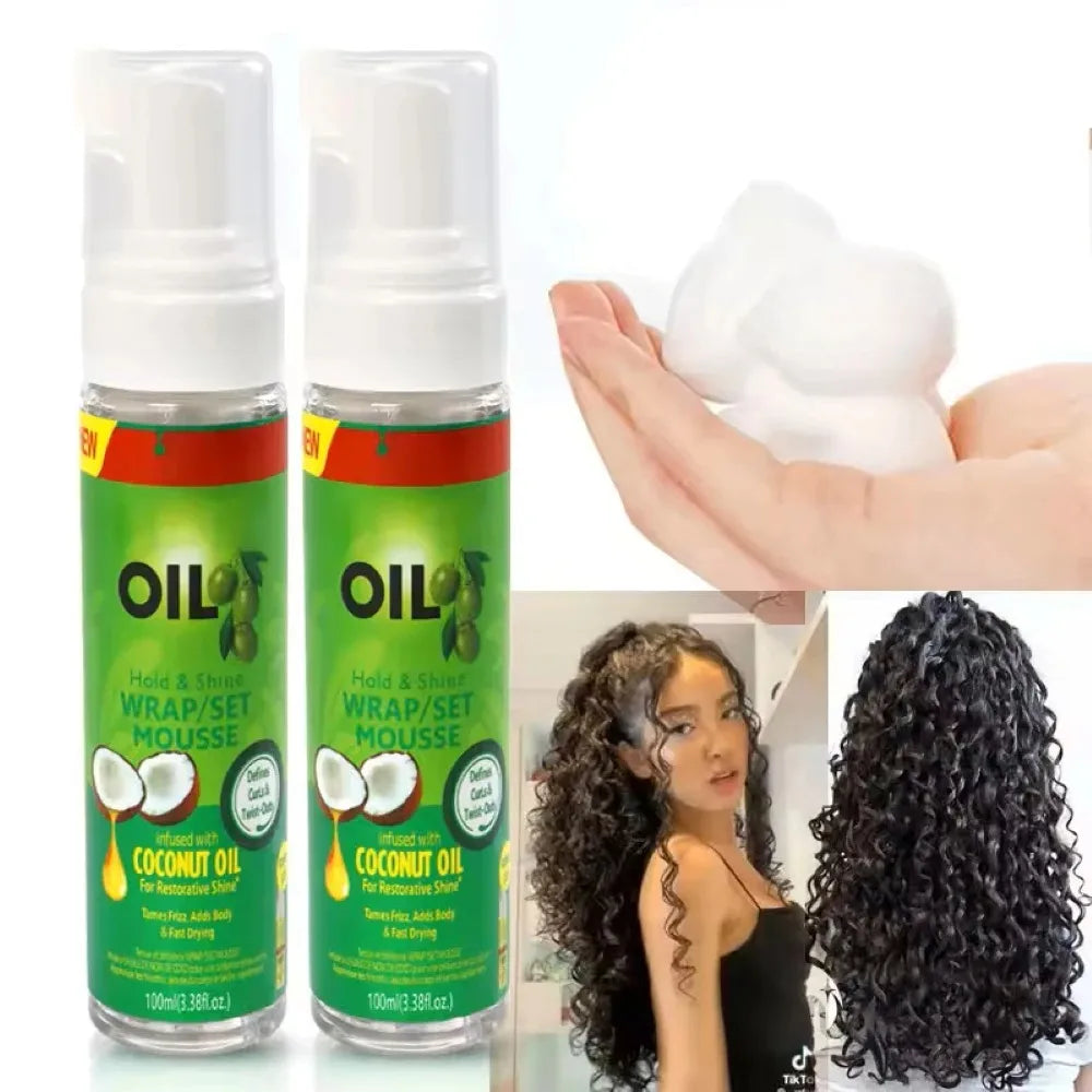 Mousse pour cheveux bouclés (100 ml) – Mousse coiffante pour perruques et cheveux naturels, à tenue forte avec huile d’olive. Mousse anti-frisottis pour définir et fixer les boucles