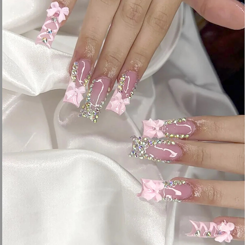 24 faux ongles longs carrés à presser, motif léopard, design cerise 3D, strass, couvrance totale, prêts à poser