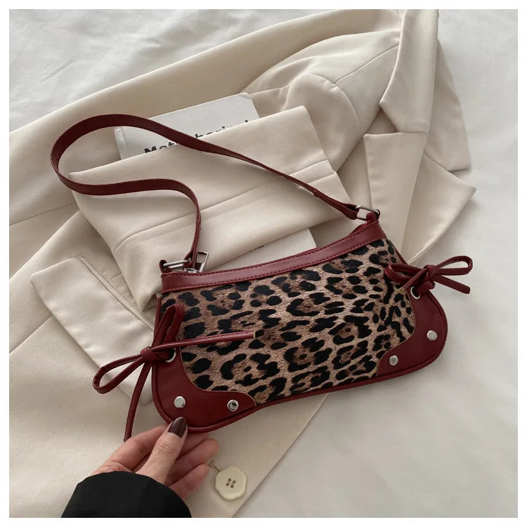 Nouveau sac sous le bras tendance, sac à bandoulière pour femmes, sac à main avec double nœud doux, sac pour dames, style rétro, sac à épaule féminin à motif léopard.