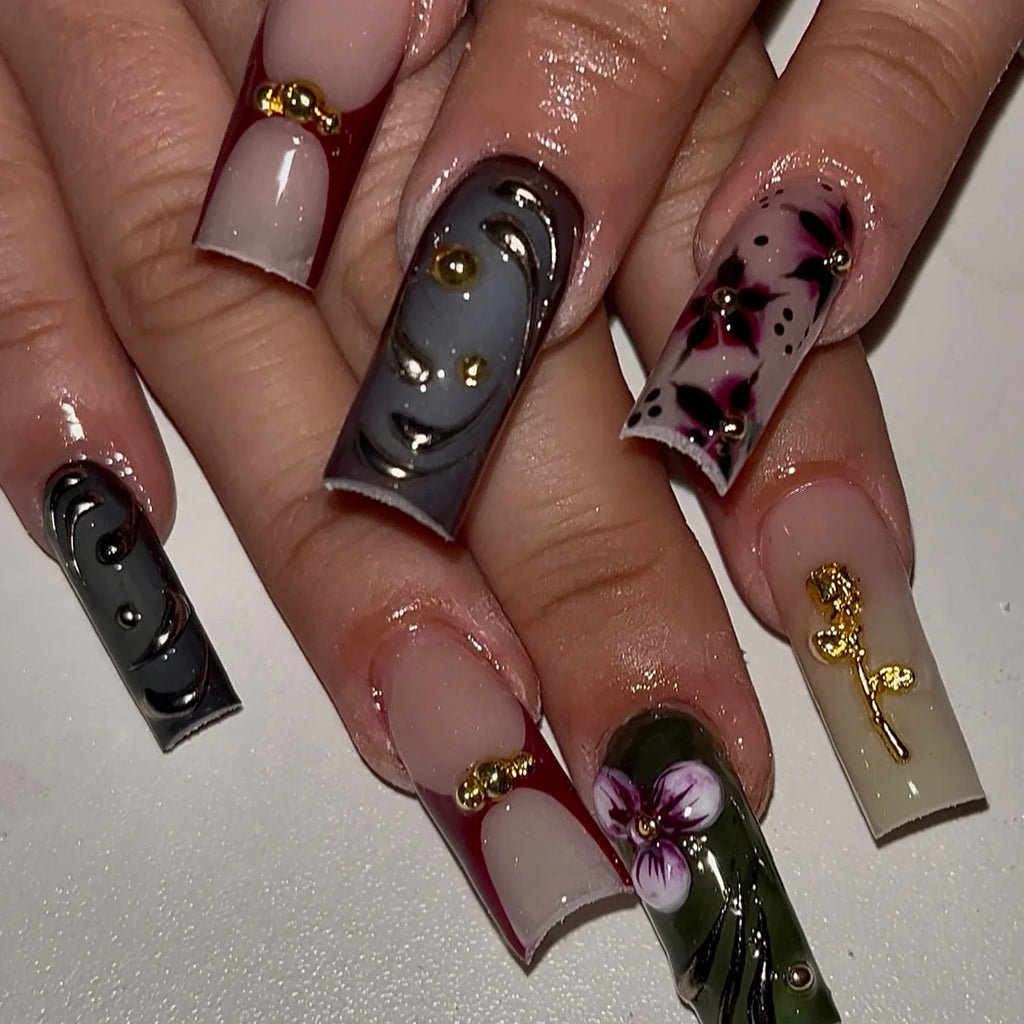 24 faux ongles longs carrés à presser, motif léopard, design cerise 3D, strass, couvrance totale, prêts à poser