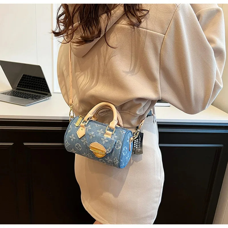 Sacs en jean tendance pour femmes, sacs bandoulière élégants et polyvalents, sacs à main cylindriques ronds à la mode
