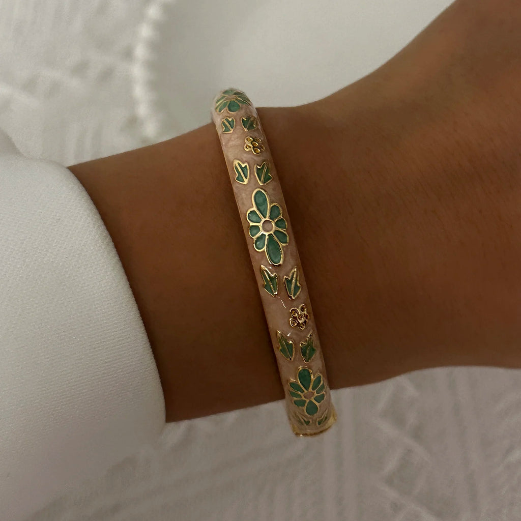 Bracelet élégant en émail goutte d'eau à texture florale pour femme, plaqué or rétro, avec zircon floral et motif œil porte-bonheur, bijou de fête