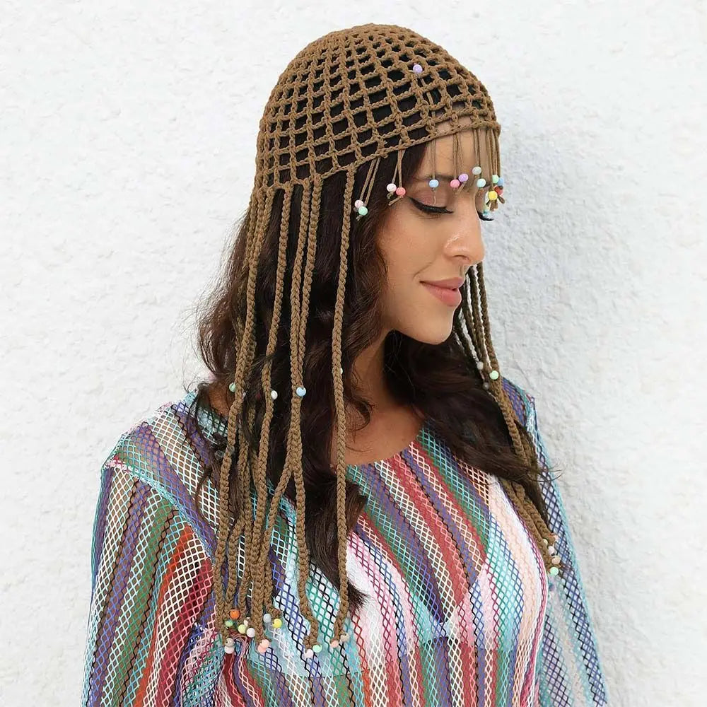 Chapeau tricoté ajouré respirant, béret Y2k fait à la main avec perles et pompons, chapeaux décontractés au Crochet pour femmes