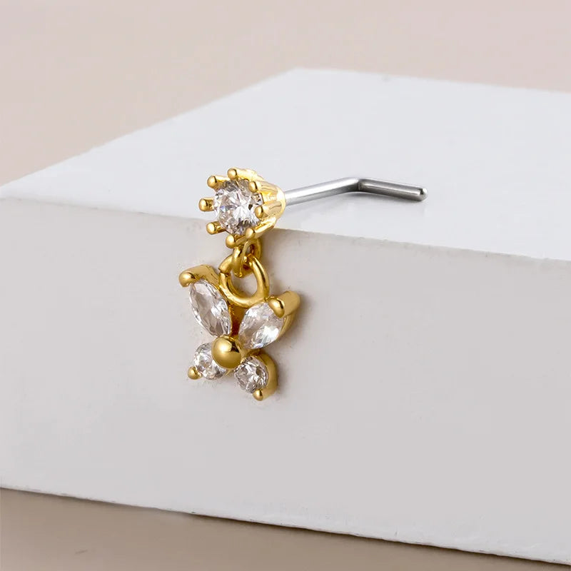 1 pièce Piercing de nez en acier inoxydable avec pendentif papillon en cristal zircon, anneau de nez, bijou corporel gothique pour femme