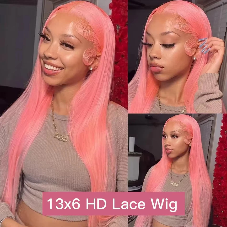 Perruque Lace Frontale HD Rose 13x6 en Cheveux Humains Brésiliens Lisses – Pré-épilée (Pre-Plucked), avec dentelle HD transparente, cheveux humains brésiliens raides (“Bone Straight”), couleur rose éclatante. Disponible en version Lace Front 13x4 ou 13x6