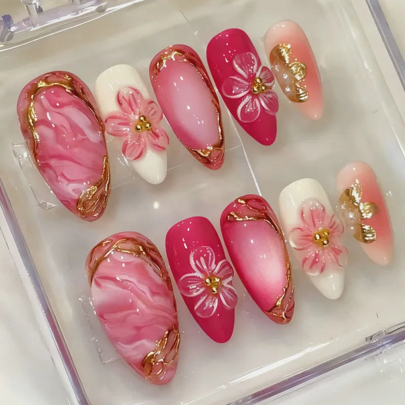 24 pièces mi-long doré amande ongles ensemble presse sur 3D fleur dégradé rose couverture complète faux ongles conseils perle réutilisable faux ongles