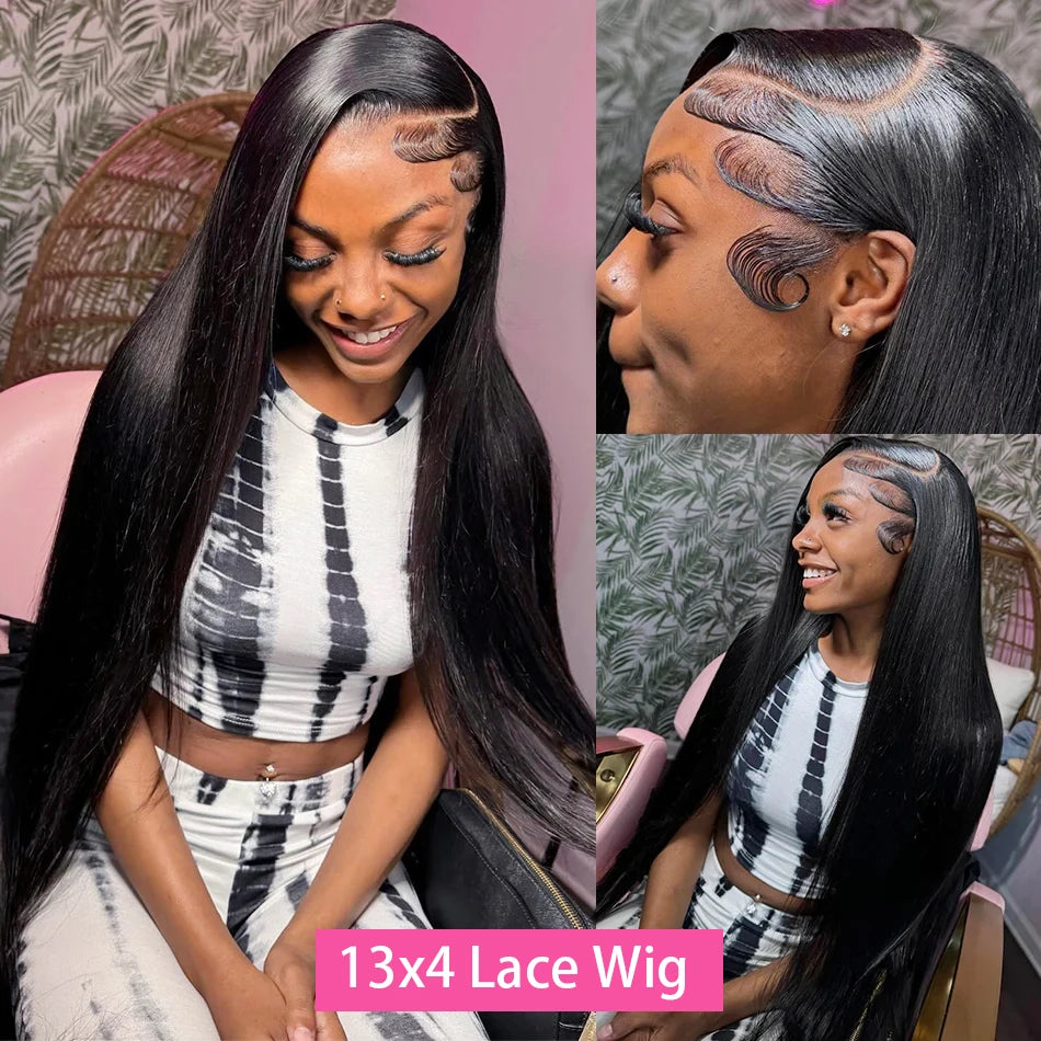 Perruque lisse en cheveux humains 13x4, 13x6, 360 Lace, 4x4 ou 5x5 Closure, pré-épilée avec une densité de 250 %. Disponible de 30 à 40 pouces pour un look ultra-long, volumineux et naturel.