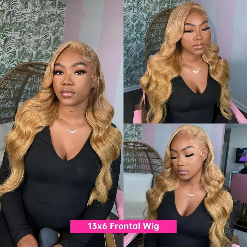 Perruques brésiliennes en cheveux humains ondulés, blond miel 27, avec dentelle frontale HD 13x6 et 13x4, densité 250, colorées et pré-épilées