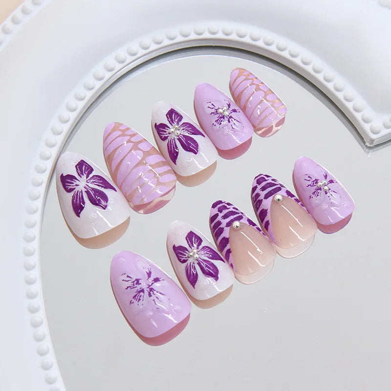 Faux ongles 3D pour femmes et filles, dégradé de fleurs en relief marron bleu avec strass, pointes d'amande d'automne et d'hiver à pression sur les faux ongles