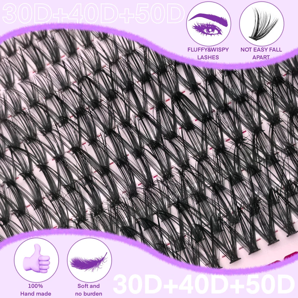 Kit d’extensions de cils DIY 700 pièces – Bouquets de cils 30D, 40D, 50D et 80D avec longueurs mixtes de 9 à 16 mm. Courbure D pour un regard plus ouvert et élégant.