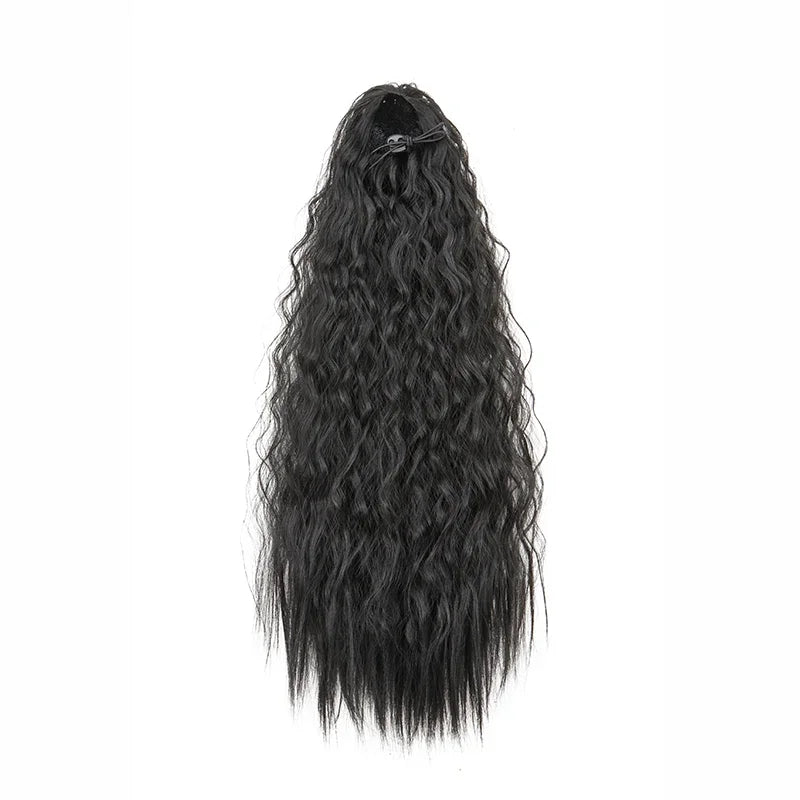 Queue de cheval synthétique longue et bouclée de 22 pouces, extension de cheveux à cordon de serrage, postiche noir à clipser pour femme