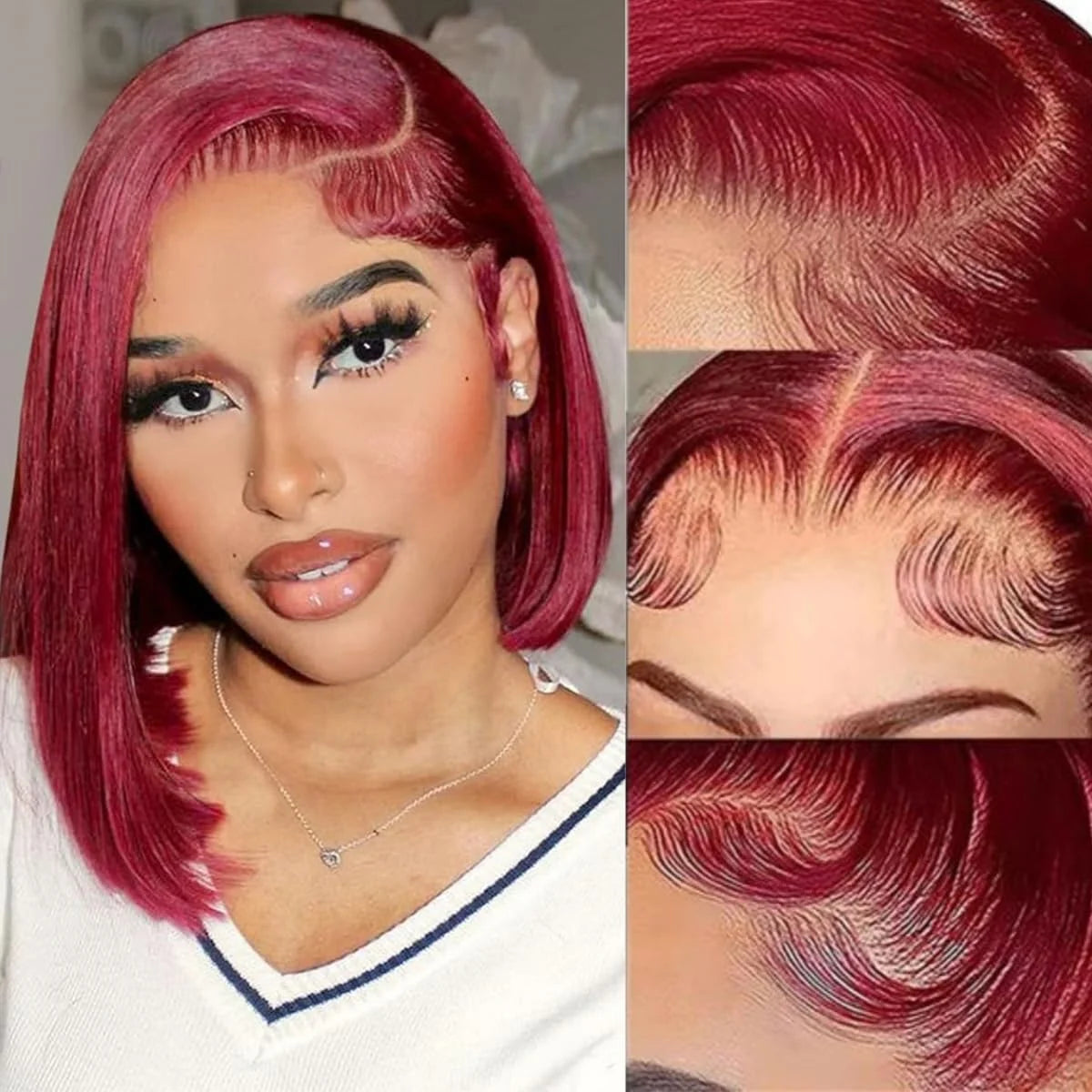 Perruque Bob Rouge Bordeaux 99J Luxe ✨ Lace Front HD 13x4, Cheveux Humains Brésiliens Lisses, Coupe Carré Élégante