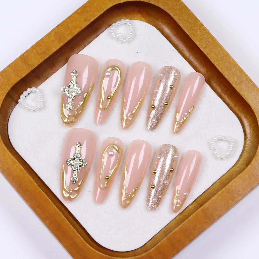 10 pièces diamant français pointu ongles courts carrés ongles nus faux ongles avec paillettes dorées diamant ongles imprimé léopard faux ongles
