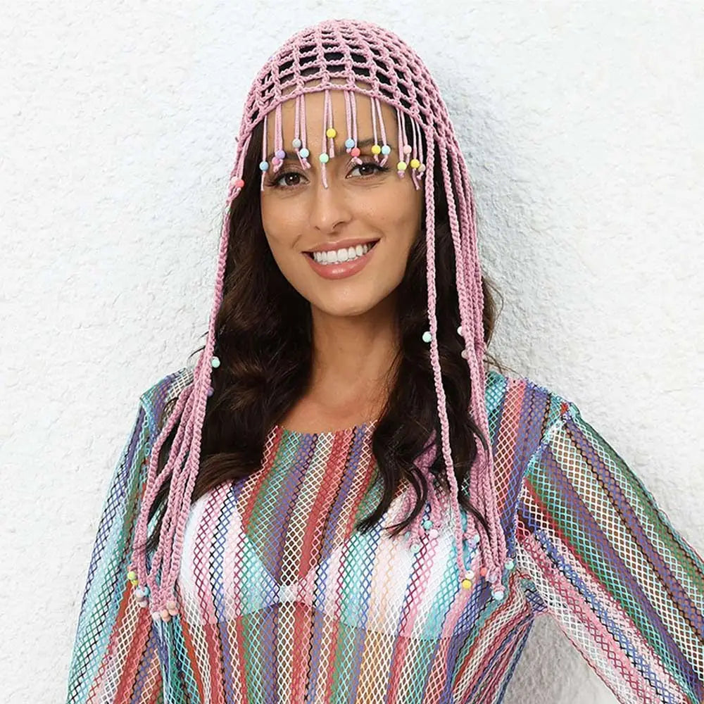 Chapeau tricoté ajouré respirant, béret Y2k fait à la main avec perles et pompons, chapeaux décontractés au Crochet pour femmes