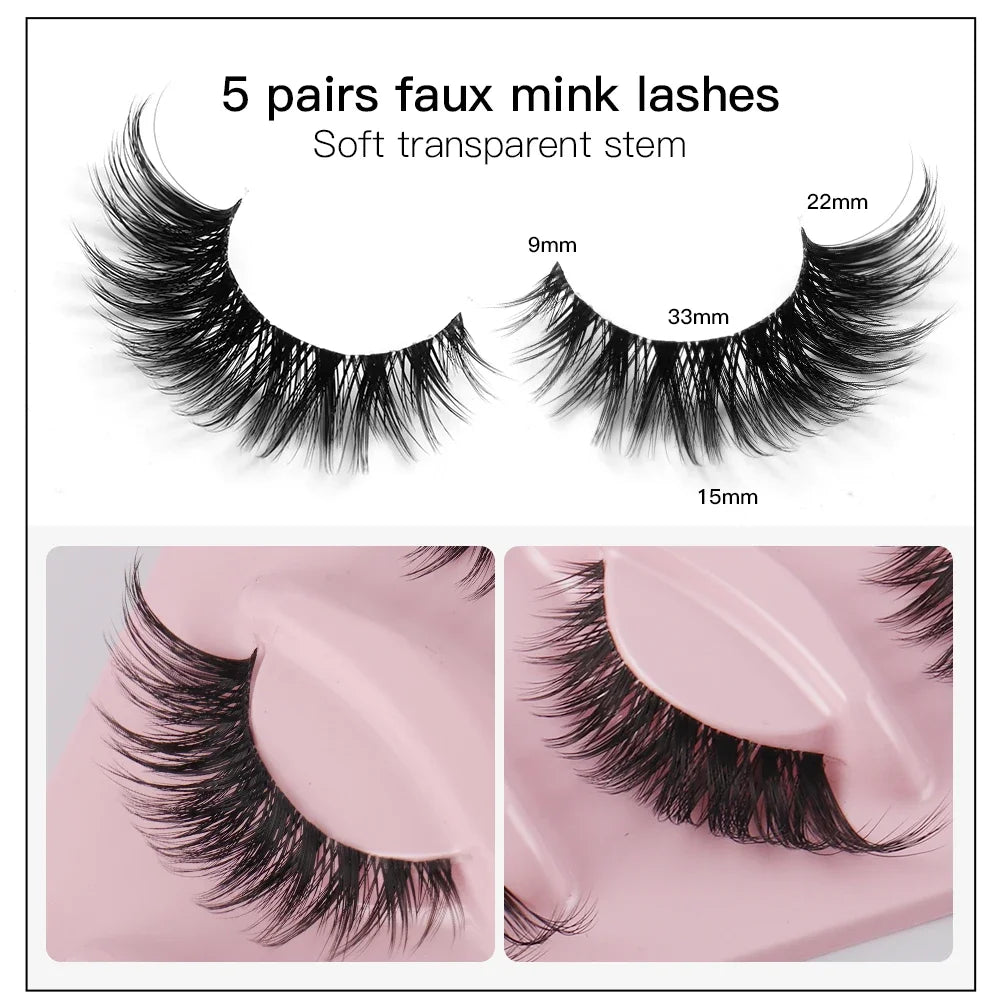 Faux-Cils en Faux Vison Naturel, Longs, Manga, Yeux Ailés, Accessoire de Maquillage, 5 Paires