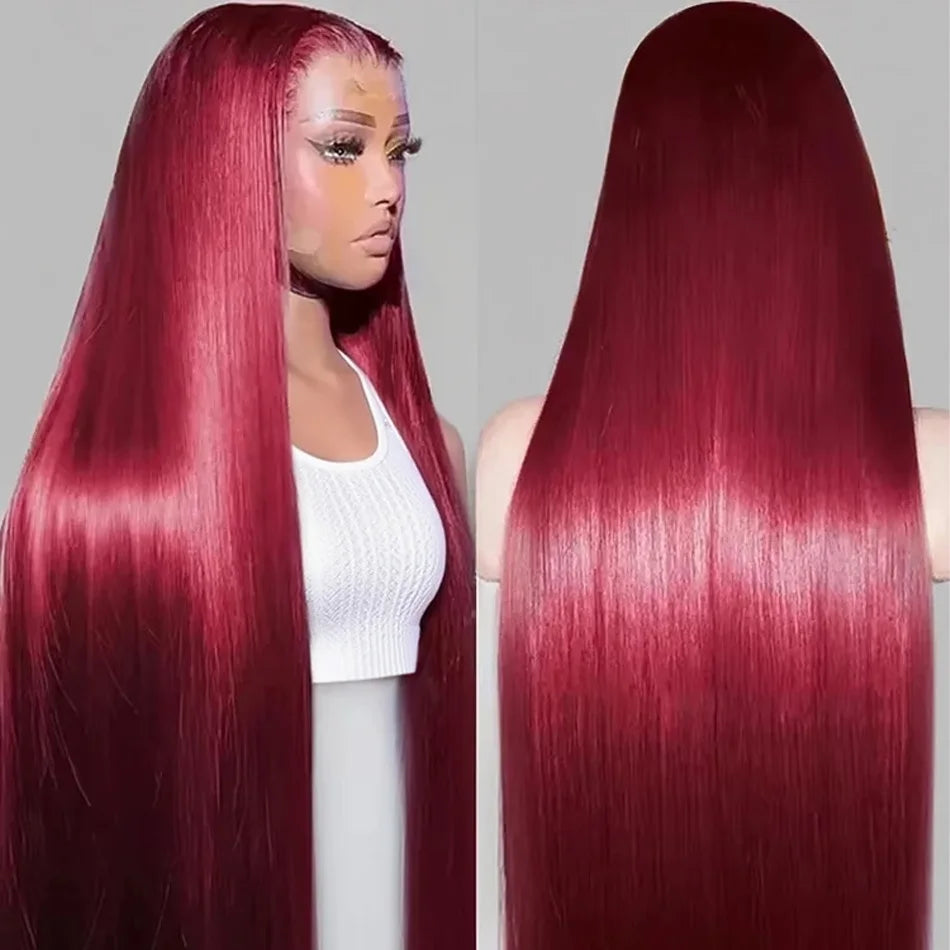 Perruque en cheveux humains raides 99J bordeaux, lace front HD 13x6, wig rouge colorée, pré-épilée, cheveux brésiliens, lace transparente frontale.