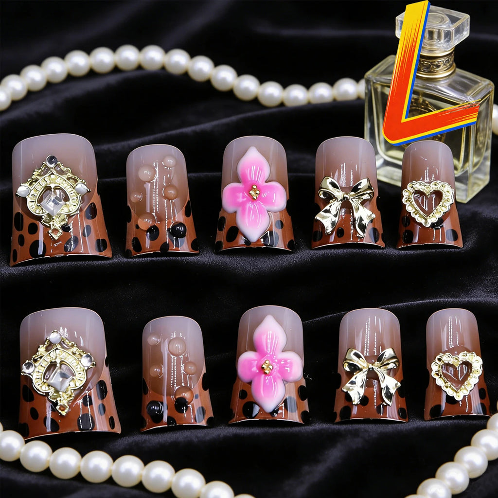10 pièces diamant français pointu ongles courts carrés ongles nus faux ongles avec paillettes dorées diamant ongles imprimé léopard faux ongles