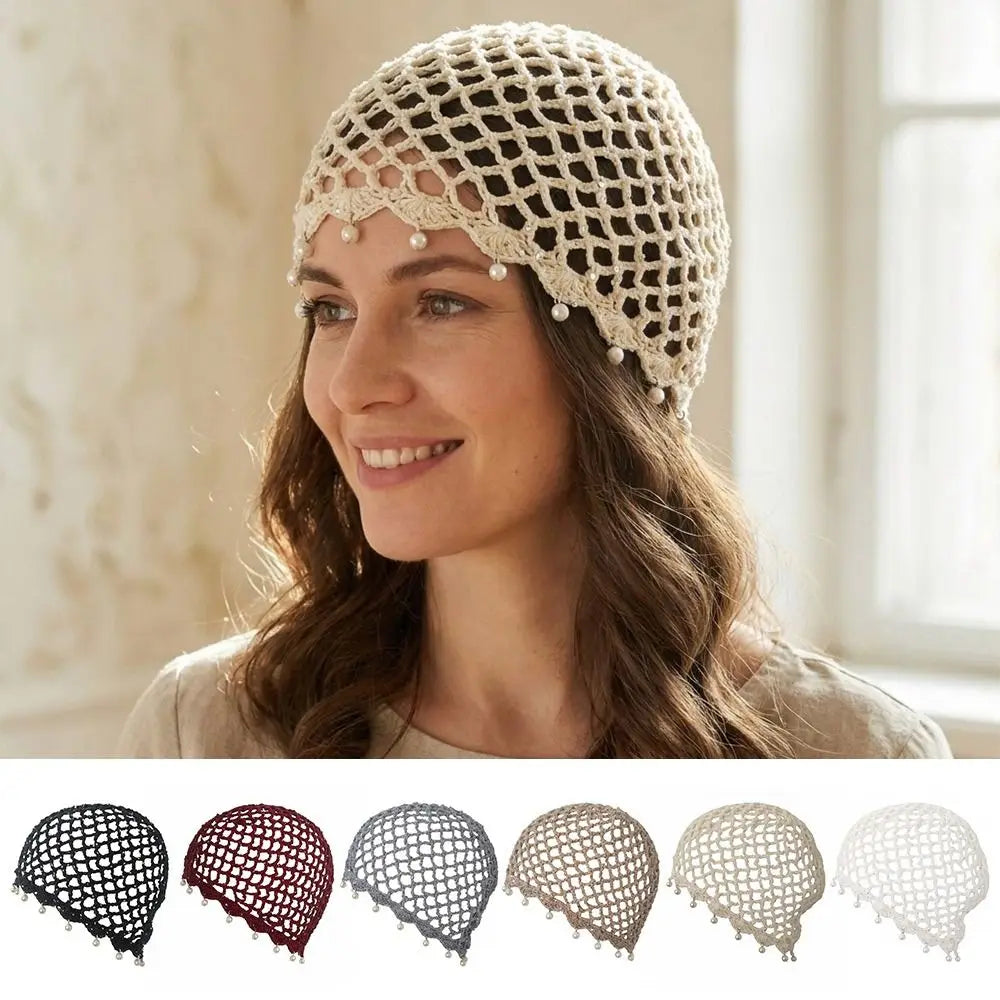 Bonnet en crochet ajouré tressé respirant avec perles et franges, style rétro, pour femme, été