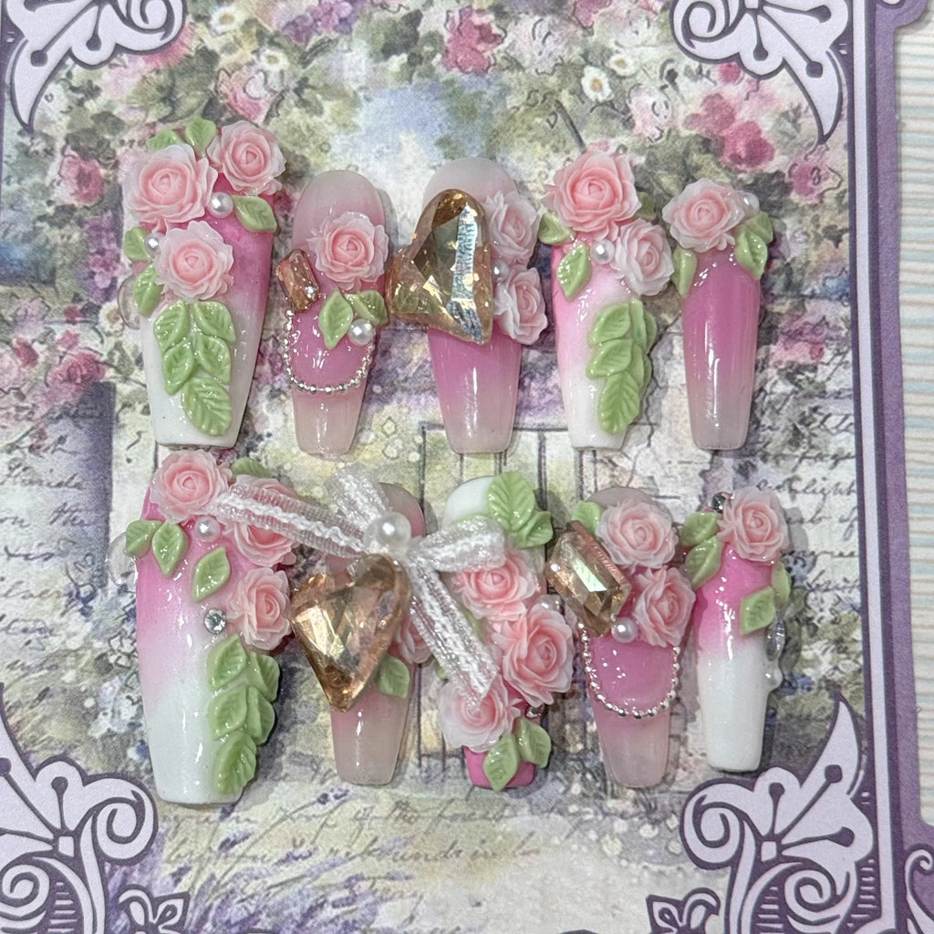 Romantique Floral 3D presse sur ongles à la main Roses feuilles perles arcs mariée mariage Nail Art faux ongles colle sur les ongles pour les femmes