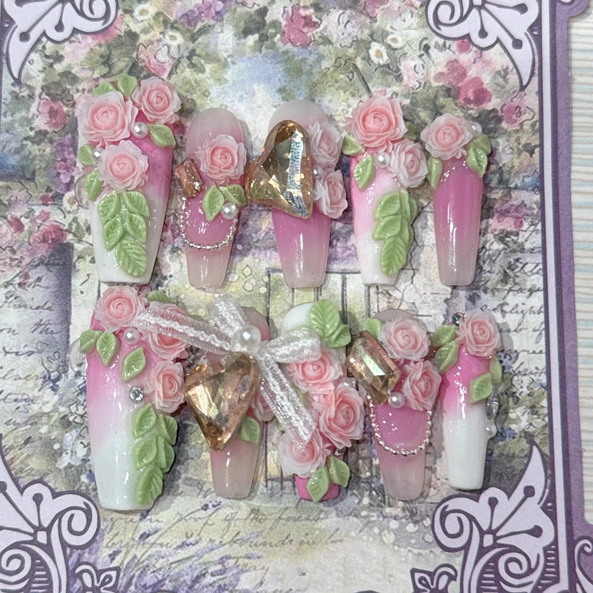 Romantique Floral 3D presse sur ongles à la main Roses feuilles perles arcs mariée mariage Nail Art faux ongles colle sur les ongles pour les femmes