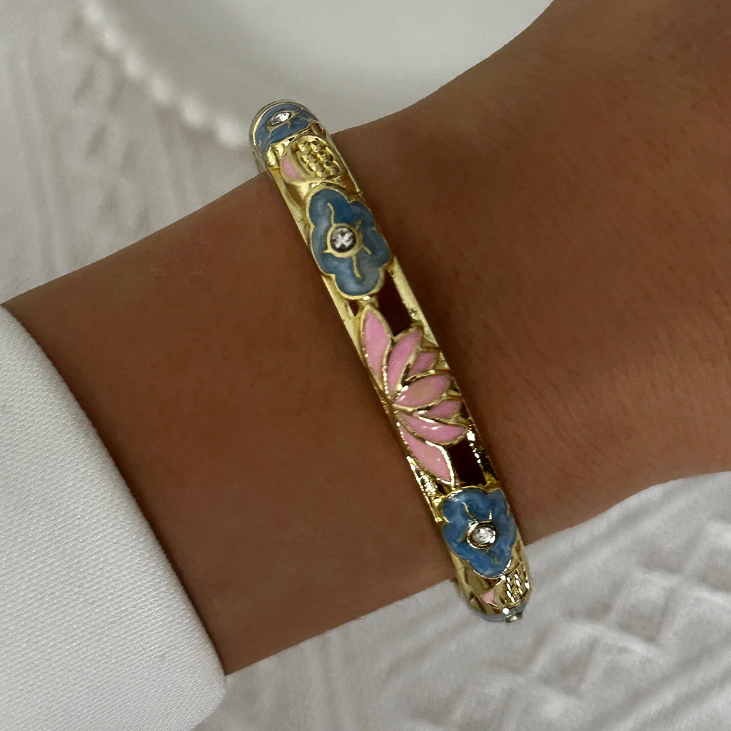 Bracelet élégant en émail goutte d'eau à texture florale pour femme, plaqué or rétro, avec zircon floral et motif œil porte-bonheur, bijou de fête