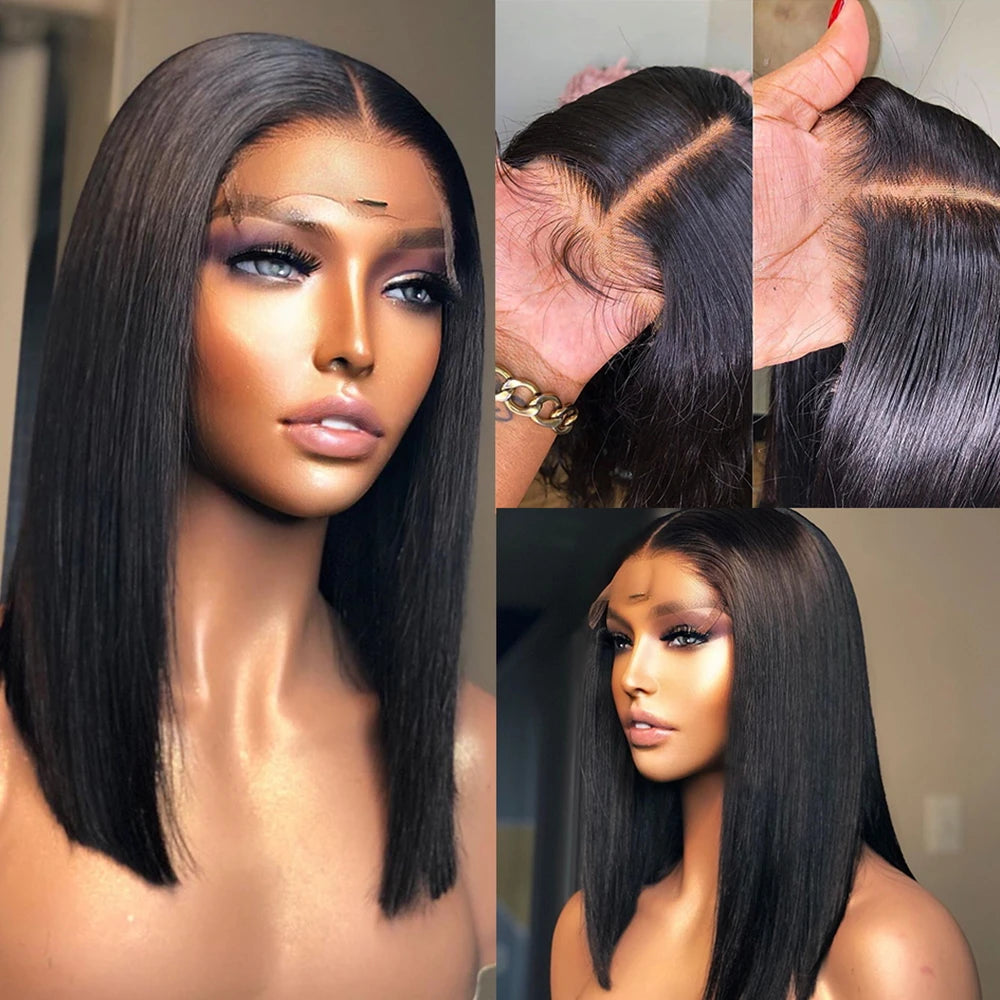 Perruque en cheveux humains 100 % naturels, coupe carré courte et lisse (Bone Straight), dotée d’une lace HD 13x6 pour un rendu discret et naturel. Densité de 250 % pour un volume généreux. Lace frontale HD 13x4