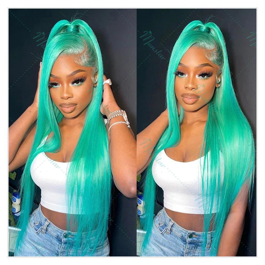 Perruque Verte 13x6 HD Lace Frontal – Cheveux Humains Vietnamiens Bruts Lisses Colorés pour Femme, Ligne Frontale Pré-Pluckée avec Baby Hair