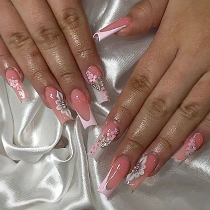 24 pièces – faux ongles longs carrés style français, design cœur 3D, ongles press-on avec strass, motif décoratif, faux ongles portables pour nail art