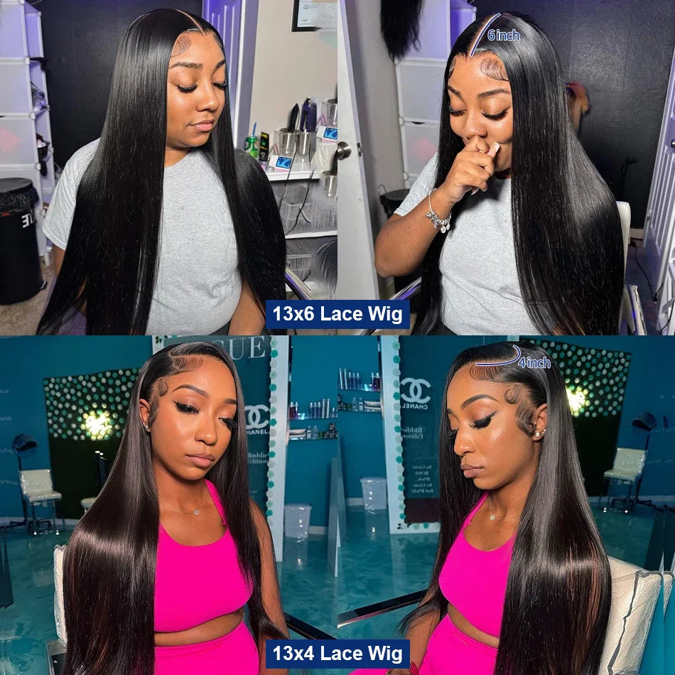 Perruque lisse en cheveux humains 13x4, 13x6, 360 Lace, 4x4 ou 5x5 Closure, pré-épilée avec une densité de 250 %. Disponible de 30 à 40 pouces pour un look ultra-long, volumineux et naturel.