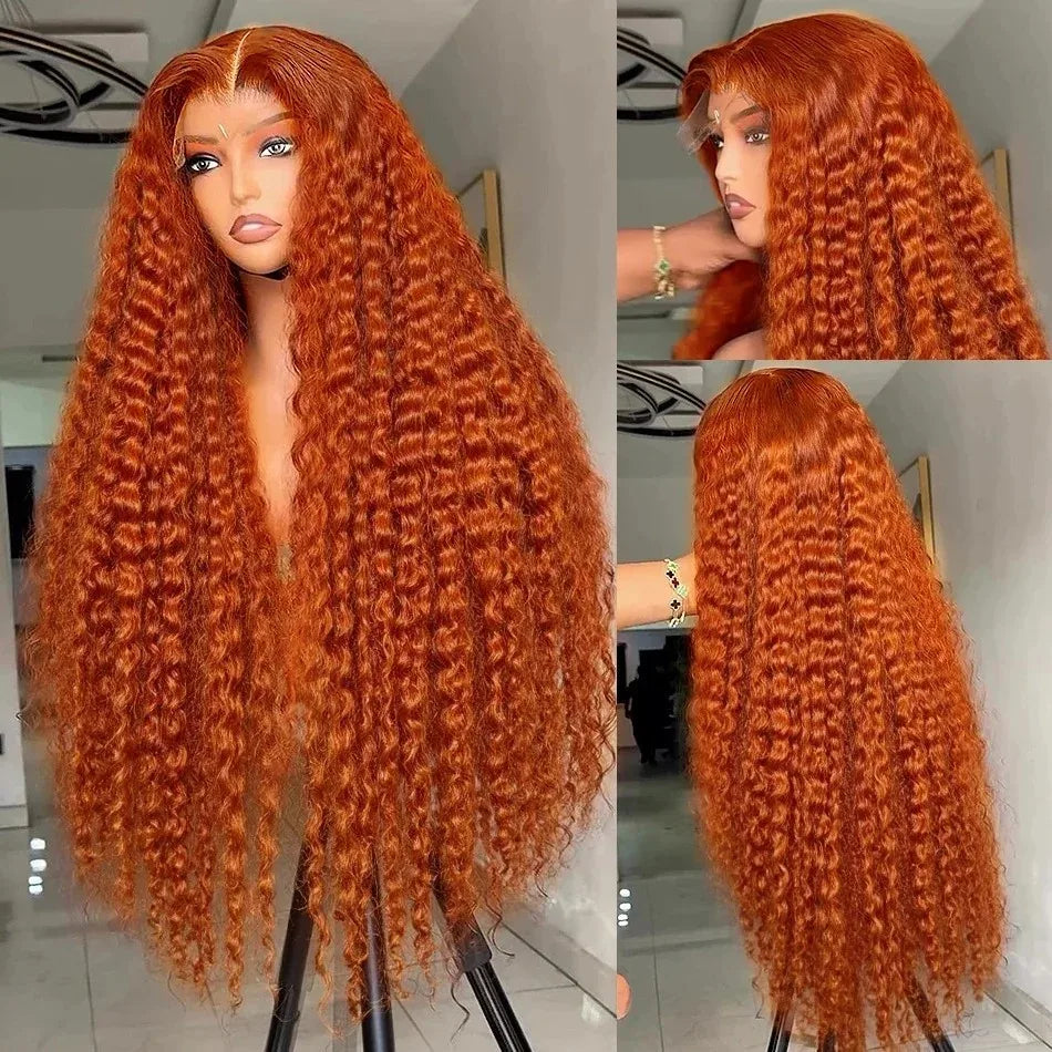 Perruques en cheveux humains ondulés profonds gingembre-orange, bouclées, avec dentelle frontale HD 13x6, effet vague d'eau, pré-plumées, brésiliennes, colorées, pour femmes
