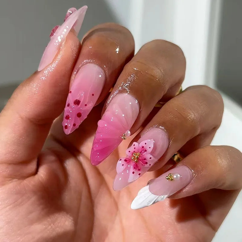 24 pièces mi-long doré amande ongles ensemble presse sur 3D fleur dégradé rose couverture complète faux ongles conseils perle réutilisable faux ongles