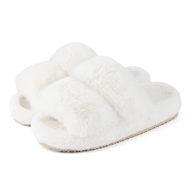 Evshine nouvelles mules à bout ouvert en fausse fourrure, chaussons d’intérieur chauds pour femme. Sandales d’intérieur tendance en peluche, confortables et moelleuses, chaussures de maison pour femme, chaussons d’hiver duveteux.