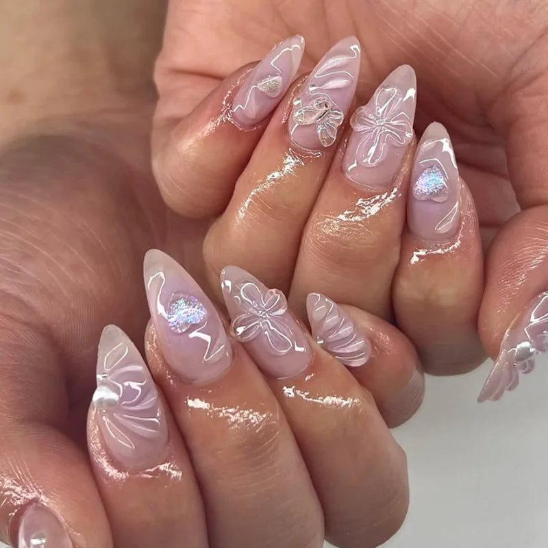 24 pièces mi-long doré amande ongles ensemble presse sur 3D fleur dégradé rose couverture complète faux ongles conseils perle réutilisable faux ongles