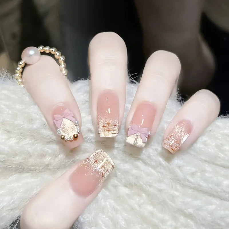 Faux ongles 3D pour femmes et filles, dégradé de fleurs en relief marron bleu avec strass, pointes d'amande d'automne et d'hiver à pression sur les faux ongles