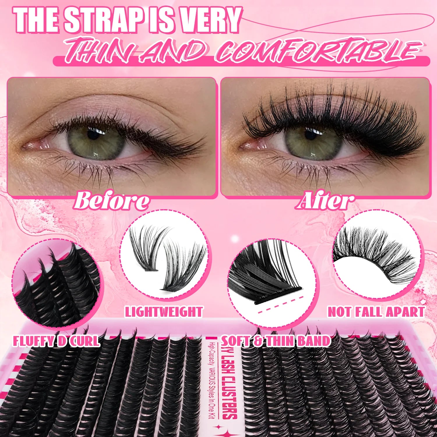 Kit de bouquets de faux cils 740/800 pièces – Longueurs mixtes pour extensions de cils ultra-légères et résistantes à l’eau. Permet de créer un look naturel pour le maquillage quotidien ou un effet glamour plus intense et sophistiqué.
