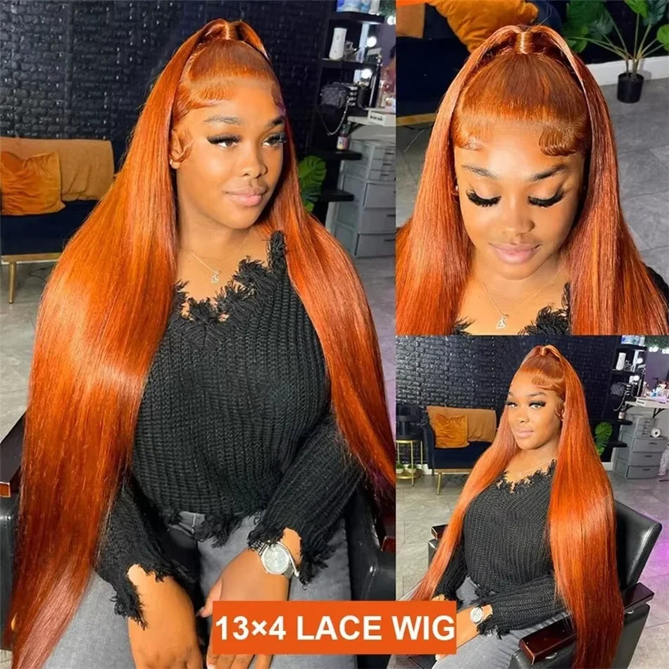 Perruque Lisse Orange Gingembre de 30 Pouces, Cheveux Humains Péruviens Colorés 350, Lace Frontale HD Transparente 13x6 13x4 pour Femmes