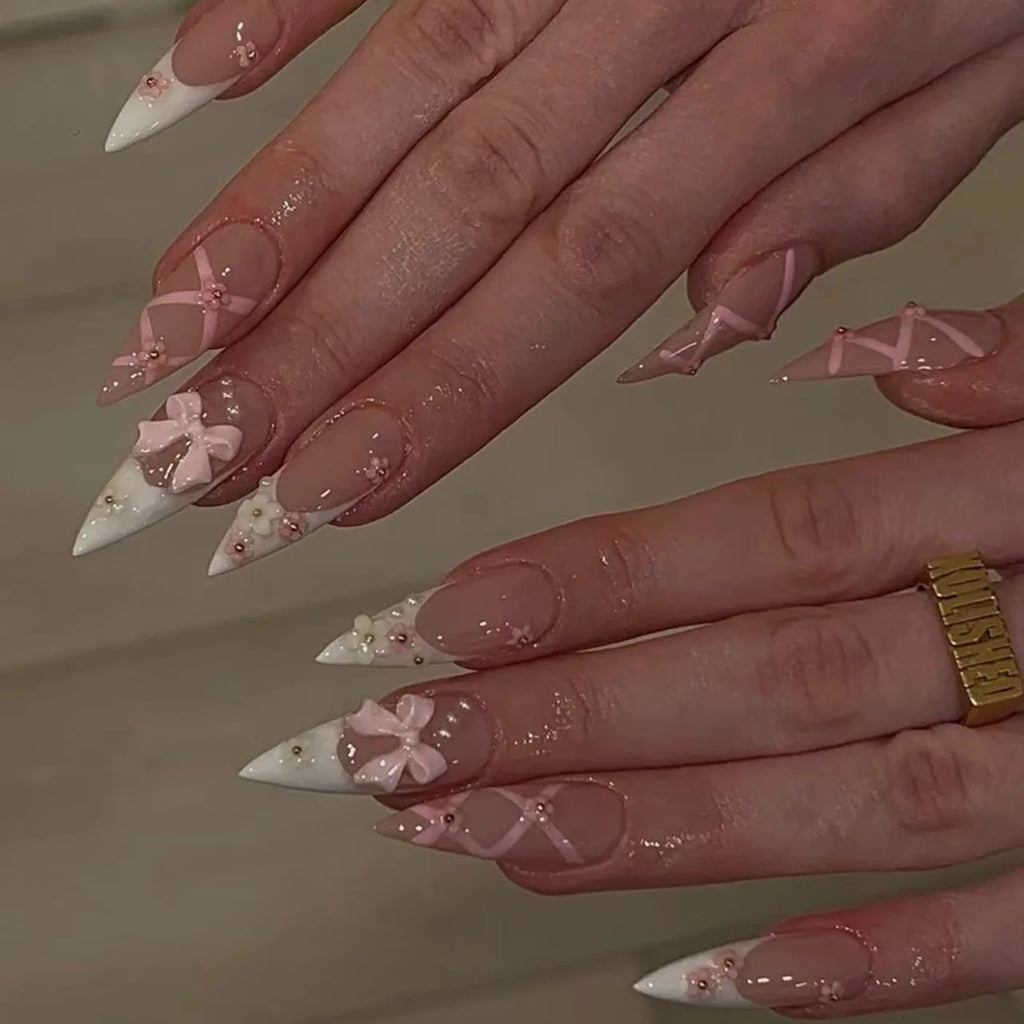 24 pièces arc faux ongles blanc français Long Stiletto faux ongles pointe fleur perle conception amande presse sur ongles acrylique couverture complète ongles