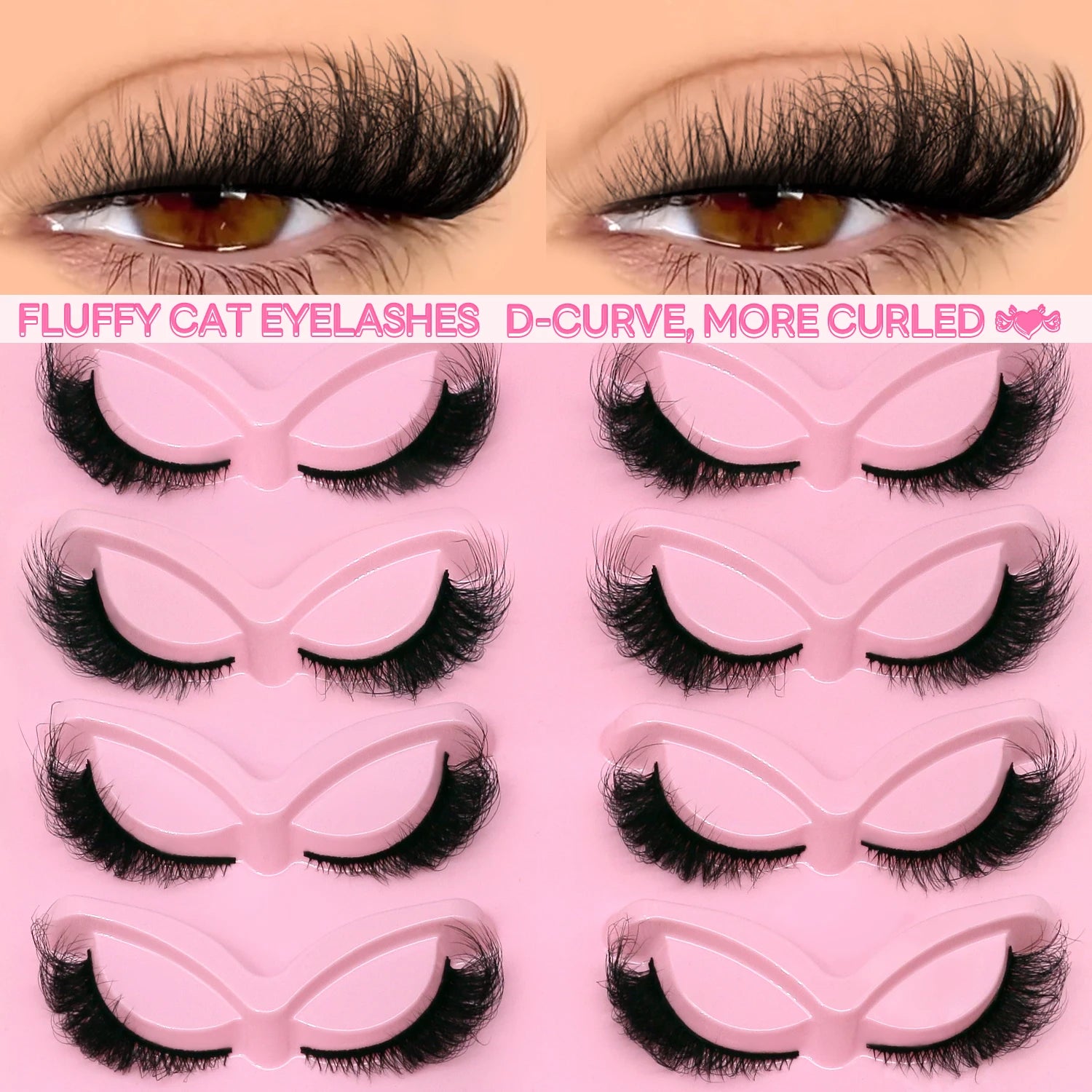 Cils GROINNEYA “Fluffy Cat” – Faux cils 3D effet vison (mink synthétique), doux, épais et volumineux. Cils complets avec effet vaporeux (wispy) et légèrement recourbé, pour un regard allongé type “œil de chat”.