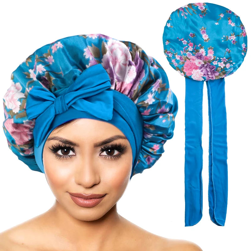 Nouveau Bonnet en Satin pour dormir, couverture de cheveux bouclés, Bonnet de nuit soyeux pour femmes, grand Bonnet de sommeil soyeux avec cravate
