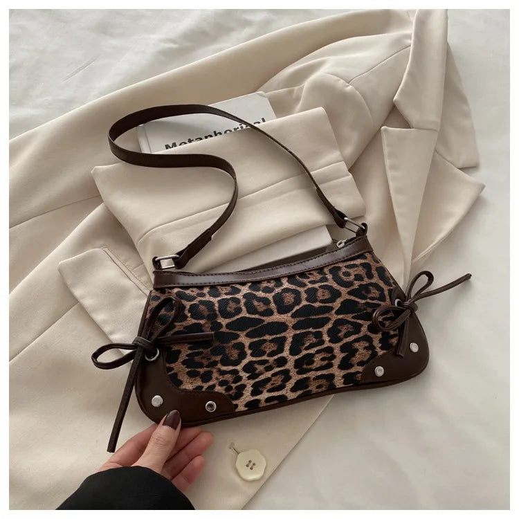 Nouveau sac sous le bras tendance, sac à bandoulière pour femmes, sac à main avec double nœud doux, sac pour dames, style rétro, sac à épaule féminin à motif léopard.